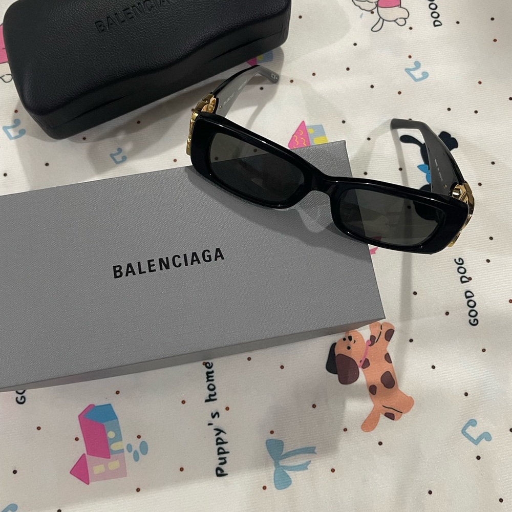 Balenciaga Black Rectangular Sunglasses with Gold Accents